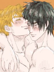 Rule 34 | 2boys, ao isami, black hair, blonde hair, blush, closed eyes, couple, ebibangbang, facial hair, from side, happy, highres, hug, lewis smith, male focus, multiple boys, nude, official alternate hairstyle, pectoral docking, pectoral press, sideburns stubble, stubble, thick eyebrows, toned, toned male, upper body, yaoi, yuuki bakuhatsu bang bravern