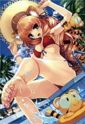 Rule 34 | 1girl, absurdres, ahoge, animal, animal ears, barefoot, bikini, blonde hair, blue eyes, blush, breasts, cleavage, copyright request, curly hair, fang, feet, hairband, happy, hat, highres, huge filesize, jewelry, long hair, looking at viewer, misaki kurehito, nail polish, orange hair, pool, sitting, sky, smile, soles, solo, stuffed animal, stuffed toy, swimsuit, tail, toe scrunch, toes, tree, water, water float