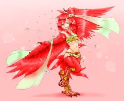 Rule 34 | 1girl, animal ears, bikini, bird ears, bird girl, bird legs, bird tail, bird wings, cherry blossoms, claws, dancer, dancing, feathers, gradient background, green eyes, harpy, jiao-r, monster girl, navel, original, red feathers, red hair, short hair, smile, solo, swimsuit, tail, talons, winged arms, wings