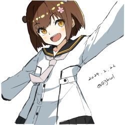 Rule 34 | 1girl, absurdres, bigkwl, black sailor collar, brown eyes, brown hair, dated, dress, grey neckerchief, headgear, highres, kantai collection, neckerchief, open mouth, outstretched arms, round teeth, sailor collar, short hair, simple background, smile, solo, speaking tube headset, teeth, twitter username, upper teeth only, white background, white dress, yukikaze (kancolle), yukikaze kai ni (kancolle)