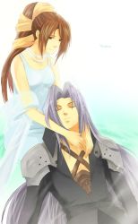 Rule 34 | 1990s (style), 1boy, 1girl, age difference, brown eyes, brown hair, dress, final fantasy, final fantasy vii, jewelry, long hair, lucrecia crescent, meru, mother and son, necklace, sephiroth, shoulder pads, silver hair, spoilers
