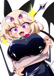 Rule 34 | 1girl, absurdres, animal ears, arms under breasts, bat ears, bat wings, black dress, blonde hair, blush, breasts, crossed arms, debby the corsifa, debby the corsifa wa makezugirai, debby the corsifa wa makezugirai, demon tail, demon wings, dress, elbow gloves, extra eyes, fang, fingerless gloves, flower, flower neckwear, from below, gloves, highres, large breasts, looking at viewer, open mouth, purple eyes, red eyes, red flower, red rose, rose, shinsou komachi, short hair, simple background, skin fang, solo, tail, v-shaped eyebrows, white background, wings