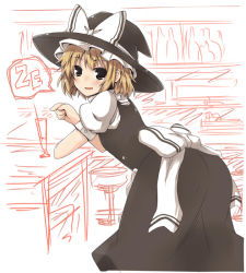 Rule 34 | 1girl, ass, female focus, hat, kirisame marisa, lock heart (juuryokudou), looking at viewer, partially colored, short hair, smile, solo, touhou, witch hat