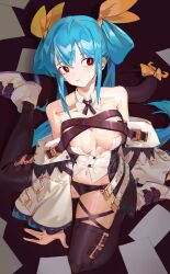 Rule 34 | 1girl, arm support, bare shoulders, belt, black panties, black thighhighs, blue hair, breasts, cleavage, cleavage cutout, clothing cutout, detached collar, detached sleeves, dizzy (guilty gear), full body, guilty gear, guilty gear xrd, hair between eyes, hair ribbon, hair rings, high heels, highres, large breasts, long hair, midriff, monster girl, navel, off shoulder, panties, paper, red eyes, ribbon, sidelocks, sitting, skindentation, solo, stomach, tail, tail ornament, tail ribbon, thigh strap, thighhighs, thighs, twintails, underwear, wariza, xu sanchuan, yellow ribbon