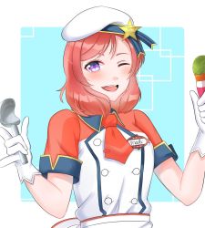 Rule 34 | 1girl, apron, artist name, artist request, beret, blush, eating, female focus, food, gloves, hair between eyes, hair ornament, hat, highres, holding, ice cream, ice cream cone, looking at viewer, love live!, love live! school idol festival, love live! school idol project, marin (mf230517), mf230517, necktie, neckwear request, nishikino maki, one eye closed, outdoors, parted lips, pixiv id 15238946, purple eyes, red hair, red necktie, short hair, short sleeves, skirt, smile, solo, star (symbol), star hair ornament, tree, uniform, white gloves, white hat
