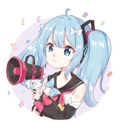 Rule 34 | 1girl, ahoge, bad id, bad pixiv id, bare shoulders, black sailor collar, blouse, blue bow, blue eyes, blue hair, bow, closed mouth, commentary request, confetti, detached sleeves, hair between eyes, hair bow, hair ornament, hatsune miku, highres, holding, light (luxiao deng), long hair, long sleeves, magical mirai (vocaloid), magical mirai miku, magical mirai miku (2018), megaphone, puffy long sleeves, puffy sleeves, red bow, sailor collar, shirt, sleeveless, sleeveless shirt, sleeves past wrists, smile, solo, twintails, vocaloid, white bow, white shirt
