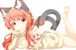 Rule 34 | 1girl, alternate costume, alternate hairstyle, animal ears, ass, bottomless, breasts, candy, candy cane, cat ears, cat girl, cat tail, cleavage, cleavage cutout, clothing cutout, extra ears, female focus, food, kaenbyou rin, large breasts, leg up, long hair, long sleeves, looking at viewer, lying, meme attire, multiple tails, naked sweater, nekomata, on stomach, open-chest sweater, pointy ears, psychopath idiot, red eyes, red hair, ribbed sweater, smile, solo, sweater, tail, touhou, turtleneck