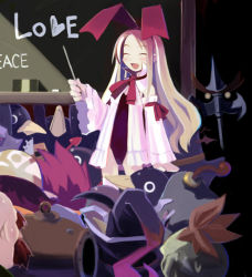 Rule 34 | 00s, 1girl, :d, ^ ^, ahoge, animal ears, arm ribbon, arms up, bald, bird, black hair, blonde hair, blush, breasts, brown hair, carter (disgaea), chalk, chalkboard, closed eyes, closed mouth, demon girl, demon wings, detached sleeves, disgaea, dress, english text, eraser, eyebrows, facial hair, fallen angel, fang, flonne, flonne (fallen angel), frills, hair ribbon, hairband, happy, harada takehito, hat, heart, holding, leotard, long hair, long sleeves, longinus (disgaea), maderas (disgaea), makai senki disgaea, mini wings, multicolored hair, multiple boys, mustache, neck ribbon, official art, open clothes, open dress, open mouth, penguin, pointer, pointy ears, polearm, prinny, purple hair, rabbit ears, red hair, red leotard, ribbon, short dress, short hair, sidelocks, small breasts, smile, solo focus, spiked hair, standing, stitches, teacher, teaching, thick eyebrows, thighhighs, two-tone hair, very long hair, vulcanus (disgaea 1), wavy hair, weapon, white thighhighs, wide sleeves, wings