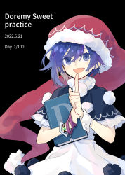 Rule 34 | 1girl, black background, blue eyes, blue hair, book, character name, dated, doremy sweet, dress, hat, highres, holding, holding book, index finger raised, ko kita, multicolored clothes, multicolored dress, nightcap, pom pom (clothes), red hat, short hair, short sleeves, simple background, solo, touhou, upper body, white dress