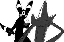 Rule 34 | absurdres, aegislash, apios, berry (pokemon), bloodshot eyes, constricted pupils, creatures (company), from behind, furry, game freak, gen 2 pokemon, gen 6 pokemon, greyscale, hand up, highres, holding, looking at another, monochrome, nintendo, pokemon, pokemon (creature), simple background, sitrus berry, sketch, standing, sweat, umbreon, white background, wide-eyed