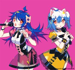 Rule 34 | 2girls, :o, \m/, ahoge, animal ears, arm up, bili girl 22, bili girl 33, bilibili, black bow, black choker, blue hair, blush, bow, breasts, cat ears, choker, collarbone, fang, fingernails, hair between eyes, hair bow, hands up, holding, holding microphone, long hair, microphone, multiple girls, nail polish, open mouth, parted lips, pink background, pink bow, pink nails, prophet chu, puffy short sleeves, puffy sleeves, red eyes, red skirt, see-through, shirt, short sleeves, simple background, skirt, small breasts, underbust, very long hair, yellow skirt