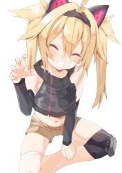 Rule 34 | 1girl, ahoge, animal ears, bandaid, bandaid on cheek, bandaid on face, bare shoulders, blonde hair, blush, breasts, cat ears, claw pose, closed eyes, commentary request, crop top, detached sleeves, fake animal ears, grin, highres, indian style, knee guards, kz oji, long hair, navel, open mouth, original, panties, panty straps, short shorts, shorts, simple background, sitting, small breasts, smile, solo, teeth, twintails, underwear, white background, white panties