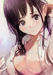 Rule 34 | 1girl, absurdres, black eyes, black hair, blush, breasts, chromatic aberration, cleavage, close-up, collarbone, collared shirt, cum, cum on body, cum on breasts, cum on upper body, dress shirt, tucking hair, highres, long hair, looking at viewer, medium breasts, naked shirt, okuto, original, shirt, solo, suggestive fluid, unbuttoned, unbuttoned shirt, upper body, white shirt