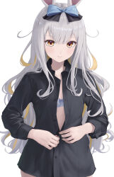 Rule 34 | 1girl, absurdres, animal ears, black shirt, blue bra, bow, bra, breasts, brown eyes, buttoning, buttons, grey hair, hair bow, highres, indie virtual youtuber, long hair, messy hair, mochizuki himari, no pants, rabbit ears, rabbit girl, ribbon, shirt, small breasts, solo, tansui san (tcjp4784), unbuttoned, underwear, upper body, virtual youtuber