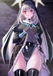Rule 34 | 1girl, absurdres, black dress, black gloves, black leotard, black thighhighs, blue archive, blush, breasts, brick wall, clothes lift, covered navel, crossed bangs, dress, dress lift, gloves, gluteal fold, grey hair, groin, hair between eyes, halo, highres, juliet sleeves, justina follower (blue archive), large breasts, leotard, lifting own clothes, long hair, long sleeves, looking at viewer, pink eyes, puffy sleeves, sakurako (blue archive), solo, sweat, thighhighs, very long hair, yoshimoto (carpsukidayo)