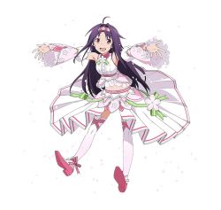 Rule 34 | 10s, 1girl, detached sleeves, full body, hair ornament, highres, long hair, midriff, navel, official art, open mouth, pointy ears, purple hair, red eyes, see-through, simple background, solo, sword art online, sword art online: code register, thighhighs, white background, white thighhighs, yuuki (sao)