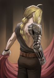 Rule 34 | 1boy, antenna hair, ass, belt, black pants, blonde hair, clenched hand, closed mouth, commentary, cowboy shot, edward elric, closed eyes, from behind, fullmetal alchemist, highres, holding, male focus, mechanical arms, netural, pants, pointy nose, ponytail, single mechanical arm, solo, standing, standing on one leg, wristband