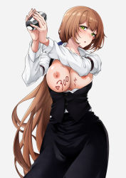 Rule 34 | 1girl, black skirt, black vest, blush, body writing, breasts, girls&#039; frontline, green eyes, highres, holding shaker, long hair, looking at viewer, medium breasts, nakiusagi, nipples, official alternate costume, open clothes, open mouth, open shirt, open vest, orange hair, parted lips, shirt, skirt, solo, springfield (girls&#039; frontline), standing, very long hair, vest, white background, white shirt