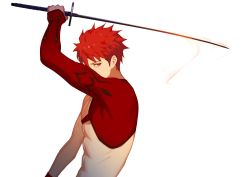 Rule 34 | 1boy, emiya shirou, fate/grand order, fate (series), from side, holding, holding sword, holding weapon, igote, katana, limited/zero over, looking at viewer, male focus, orange eyes, pisu, red hair, senji muramasa (fate), simple background, solo, sword, upper body, weapon, white background, wristband