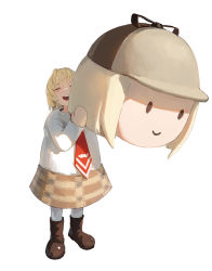 Rule 34 | 1girl, absurdres, blonde hair, brown footwear, brown skirt, character costume, dino (dinoartforame), closed eyes, highres, holding, hololive, hololive english, long sleeves, necktie, open mouth, shirt, simple background, skirt, smile, smol ame, solo, sweat, teeth, upper teeth only, virtual youtuber, watson amelia, white background, white shirt