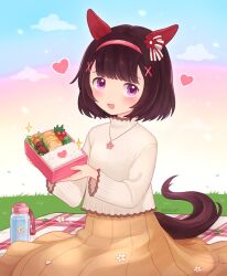 Rule 34 | 1girl, animal ears, bento, blanket, blunt bangs, blush, bottle, brown hair, cloud, ear covers, flower, grass, hair ornament, hairband, heart, highres, holding bento, horse ears, horse girl, horse tail, jewelry, long sleeves, necklace, nishino flower (umamusume), open mouth, outdoors, petals, picnic, purple eyes, rio (rio 067), shirt, short hair, sitting, skirt, solo, tail, umamusume, water bottle, white shirt, x hair ornament, yellow skirt