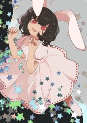Rule 34 | 1girl, animal ears, black hair, carrot necklace, curly hair, dress, from above, grin, highres, inaba tewi, kerok (joniko1110), looking at viewer, necklace, paw pose, puffy short sleeves, puffy sleeves, rabbit ears, rabbit girl, red eyes, short sleeves, smile, socks, solo, star (symbol), touhou, white dress, white socks