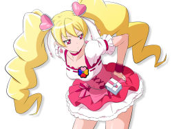 Rule 34 | 1girl, blonde hair, breasts, choker, cleavage, collarbone, corset, cure peach, fresh precure!, fuchi (nightmare), hair ornament, heart, heart hair ornament, long hair, magical girl, medium breasts, momozono love, petticoat, pink choker, pink eyes, precure, puffy short sleeves, puffy sleeves, short sleeves, simple background, solo, twintails, white background, wrist cuffs