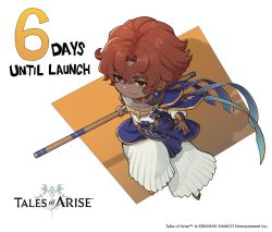 Rule 34 | 1boy, bracer, brown eyes, brown hair, chibi, copyright name, copyright notice, countdown, dark-skinned male, dark skin, dohalim (tales), earrings, english text, jewelry, logo, official art, pleated pants, ring, short hair, smile, solo, staff, tales of (series), tales of arise