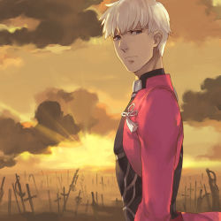 Rule 34 | 1boy, archer (fate), bad id, bad pixiv id, bnsn, dark-skinned male, dark skin, fate/stay night, fate (series), gradient background, grey eyes, male focus, solo, unlimited blade works (fate), white hair