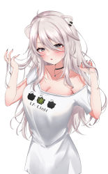 Rule 34 | 1girl, absurdres, ahoge, animal ears, black nails, blush, breasts, choker, cleavage, ear piercing, fang, grey eyes, grey hair, hair between eyes, highres, hololive, jewelry, large breasts, lion ears, lion girl, long hair, looking at viewer, nail polish, nerorigogo, oversized clothes, oversized shirt, parted lips, pendant, piercing, shirt, shishiro botan, shishiro botan (casual), solo, ssrb (shishiro botan), virtual youtuber, white background