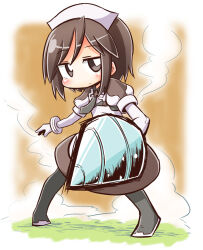 Rule 34 | 1girl, apron, blush, boots, brown dress, brown eyes, brown hair, closed mouth, commentary request, cunnon, dress, full body, gloves, grey footwear, grey necktie, hand drill, hat, layered sleeves, long sleeves, looking at viewer, naga u, necktie, puffy short sleeves, puffy sleeves, short over long sleeves, short sleeves, smoke, solo, standing, summon night, summon night 3, thigh boots, white apron, white gloves, white hat