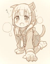 Rule 34 | 1girl, all fours, animal ear fluff, animal ears, animal hands, blush, brown background, cat ears, cat girl, cat tail, fang, flying sweatdrops, full body, gloves, hair ornament, hair over shoulder, hair scrunchie, hairclip, jigatei (omijin), long sleeves, looking at viewer, low twintails, monochrome, necktie, open mouth, original, paw gloves, paw shoes, pleated skirt, sailor collar, school uniform, scrunchie, serafuku, shirt, shoes, simple background, skirt, solo, tail, translation request, twintails