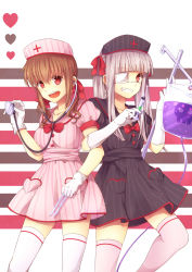 Rule 34 | 2girls, absurdres, bow, bowtie, brown hair, buttons, cross, dress, elbow gloves, eyepatch, gloves, grey hair, grin, hair bow, hat, heart, heart-shaped pupils, highres, intravenous drip, long hair, looking at viewer, multiple girls, namikan, nurse, nurse cap, open mouth, original, pink legwear, red eyes, scalpel, short sleeves, sidelocks, skull print, smile, stethoscope, striped, symbol-shaped pupils, syringe, thighhighs, vertical stripes, white gloves, white legwear, zettai ryouiki