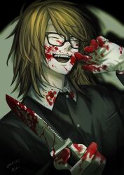 1boy absurdres antenna_hair black_shirt blood blood_on_clothes blood_on_face blood_on_gloves bloody_knife blurry closed_eyes collared_shirt combat_knife dated fangs glasses gloves hands_up highres holding holding_knife knife laughing male_focus medium_hair nil_(pixiv_53614557) open_mouth randal&#039;s_friends randal_ivory shadow shirt signature spotlight swept_bangs teeth three_quarter_view tongue upper_body weapon white_gloves