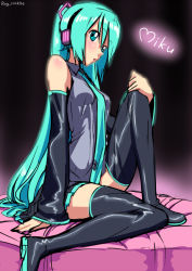 Rule 34 | 1girl, aqua eyes, aqua hair, artist name, bed, black thighhighs, blush, boots, breasts, character name, detached sleeves, hair ornament, hatsune miku, headphones, hugging own legs, long hair, medium breasts, miniskirt, necktie, on bed, rog rockbe, signature, skirt, solo, thigh boots, thighhighs, twintails, very long hair, vocaloid