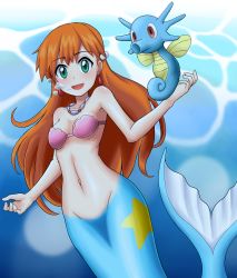 Rule 34 | 1girl, :d, bikini, bikini top only, blue eyes, breasts, breath, collarbone, commentary request, creatures (company), earrings, game freak, gen 1 pokemon, highres, horsea, jewelry, long hair, looking at viewer, mermaid, mermaid misty (pokemon), misty (pokemon), monster girl, navel, necklace, nintendo, open mouth, orange hair, pink bikini, pokemon, pokemon (anime), pokemon (classic anime), pokemon (creature), shougun (chuckni1), small breasts, smile, swimsuit, underwater