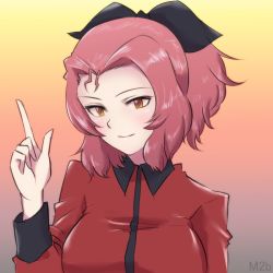 Rule 34 | 10s, 1girl, alternate hairstyle, artist name, black ribbon, brown eyes, closed mouth, epaulettes, girls und panzer, gradient background, hair ribbon, jacket, light smile, long sleeves, looking at viewer, military, military uniform, mityubi, parted bangs, pointing, pointing up, red hair, red jacket, ribbon, rosehip (girls und panzer), short hair, short ponytail, solo, st. gloriana&#039;s military uniform, uniform, upper body