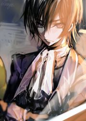 Rule 34 | 1boy, artist name, ascot, black hair, chalkboard, classroom, closed mouth, code geass, creayus, expressionless, grey eyes, hair between eyes, indoors, lelouch vi britannia, long sleeves, looking outside, male focus, school, signature, solo, through window, upper body, window