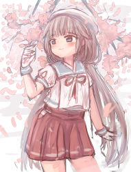 Rule 34 | 1girl, blue eyes, blunt bangs, blush, cherry blossoms, flower, gloves, hat, hip vent, kantai collection, light brown hair, long hair, low twintails, mikura (kancolle), panties, petals, red skirt, sailor collar, school uniform, serafuku, short sleeves, skirt, smile, solo, twintails, underwear, white gloves, white hat, white panties, wss (nicoseiga19993411)