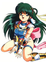 Rule 34 | 1990s (style), 1girl, blue eyes, braid, bridal gauntlets, can can bunny, green hair, highres, long hair, non-web source, official art, open mouth, retro artstyle, simple background, sitting, solo, swatty, thigh strap, tomoya kankurou, wariza, white background