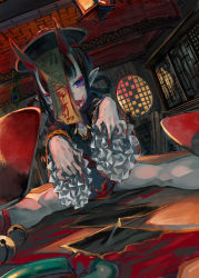 Rule 34 | 1girl, bell, blood, blood on face, bow, breasts, chinese clothes, fate/grand order, fate (series), feathers, hair bow, hair ribbon, hat, highres, horns, jiangshi, nail polish, outstretched arms, qingdai guanmao, red footwear, ribbon, shoes, shuten douji (fate), shuten douji (festival outfit) (fate), toro3