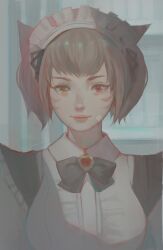 Rule 34 | 1girl, animal ears, apron, black bow, black bowtie, black dress, bow, bowtie, brooch, brown hair, cat ears, closed mouth, dress, facial mark, fang, fang out, final fantasy, final fantasy xiv, heterochromia, highres, jewelry, konburice, looking at viewer, maid, maid apron, maid headdress, miqo&#039;te, red eyes, short hair, smile, solo, warrior of light (ff14), whisker markings, white apron, yellow eyes