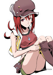 Rule 34 | 1girl, ass, boots, cabbie hat, closed mouth, eri (twewy), eyebrows, fanny pack, female focus, green skirt, hat, highres, jacket, jewelry, legs up, long hair, long legs, looking at viewer, matching hair/eyes, miniskirt, misaki shiki, necklace, putting on shoes, red eyes, red hair, red shirt, shirt, simple background, sitting, skirt, sleeveless, sleeveless jacket, smile, solo, subarashiki kono sekai, yellow jacket