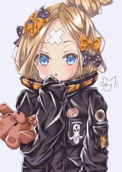 Rule 34 | 1girl, :o, abigail williams (fate), abigail williams (traveling outfit) (fate), absurdres, black bow, black jacket, blonde hair, blue eyes, blush, bow, commentary request, crossed bandaids, eyebrows hidden by hair, fate/grand order, fate (series), grey background, hair bow, hair bun, hand up, heroic spirit traveling outfit, highres, jacket, long hair, long sleeves, looking at viewer, mike3284, hugging object, official alternate costume, orange bow, parted bangs, parted lips, polka dot, polka dot bow, signature, simple background, single hair bun, sleeves past fingers, sleeves past wrists, solo, stuffed animal, stuffed toy, teddy bear