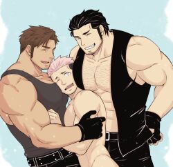 Rule 34 | 3boys, bara, boy sandwich, chest hair, clothed male nude male, cowboy shot, dark-skinned male, dark skin, face to pecs, facial hair, from side, goatee stubble, grin, highres, large pectorals, long sideburns, male focus, multiple boys, muscular, muscular male, nipples, nude, one eye closed, original, pectoral cleavage, pectoral press, pectorals, porkjinta, sandwiched, short hair, sideburns, sideburns stubble, sidepec, sleeveless, sleeveless jacket, smile, stubble, thick eyebrows, yaoi