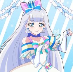 Rule 34 | 1girl, arm warmers, blue bow, blue choker, blue eyes, blue hairband, blue headwear, blunt bangs, blush, bow, bright pupils, brooch, choker, closed mouth, collarbone, cowboy shot, crown, cure nico, cure nyammy, dot nose, dress, earrings, grey hair, hairband, hat, hat bow, heart, heart brooch, highres, jewelry, long hair, looking at viewer, magical girl, mini crown, multicolored bow, neck ribbon, nekoyashiki yuki, paw pose, pink lips, pouch, precure, ribbon, short dress, signature, simple background, smile, solo, standing, striped, striped background, striped bow, white dress, white sleeves, wonderful precure!