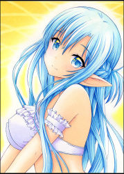 Rule 34 | 1girl, armband, asuna (sao-alo), blue eyes, blue hair, bra, braid, breasts, closed mouth, covered erect nipples, crown braid, from side, hair between eyes, head tilt, long hair, looking at viewer, medium breasts, nightmare77zx, pointy ears, sideboob, smile, solo, sword art online, traditional media, underwear, upper body, very long hair, white bra, yellow background