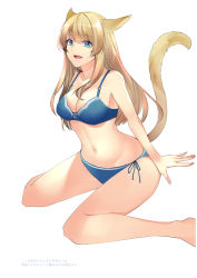 Rule 34 | 1girl, :d, animal ears, bare arms, bare legs, barefoot, blonde hair, blue bra, blue eyes, blue panties, bra, breasts, cat ears, cat girl, cat tail, cleavage, collarbone, final fantasy, final fantasy xiv, hair between eyes, hair over shoulder, highres, long hair, medium breasts, miqo&#039;te, nanase kokono, non-web source, open mouth, panties, side-tie panties, simple background, sitting, slit pupils, smile, solo, straight hair, tail, underwear, underwear only, very long hair, wariza, warrior of light (ff14), white background