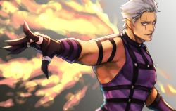 Rule 34 | 1boy, black gloves, commentary, english commentary, fire, gloves, gradient background, grey background, highres, krizalid, ktovhinao, looking at viewer, male focus, outstretched arm, parted lips, purple eyes, purple tank top, pyrokinesis, scar, scar across eye, scar on face, short hair, smile, smirk, solo, tank top, the king of fighters, upper body, white hair