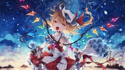 Rule 34 | 1girl, blonde hair, blue flower, blush, bouquet, crystal, fangs, fingernails, flandre scarlet, flower, frilled skirt, frills, hat, holding, holding bouquet, holding flower, long hair, mob cap, one side up, open mouth, petals, red eyes, red skirt, red vest, signature, skirt, sky, smile, solo, star (sky), starry sky, touhou, toutenkou, vest, white hat, wings, wrist cuffs
